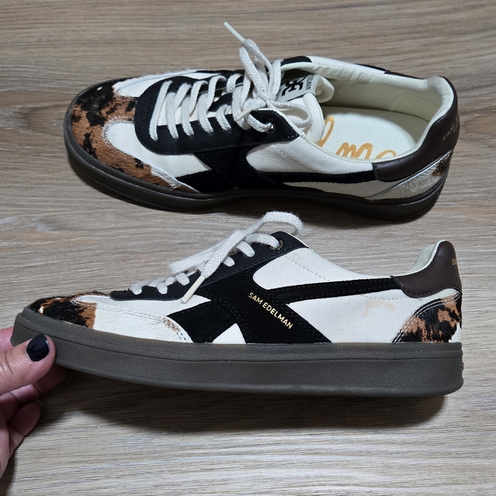 Sam Edelman Elthea Canvas Leather Cow Off White Black and Brown Sneakers Size 9 - Picture 2 of 13